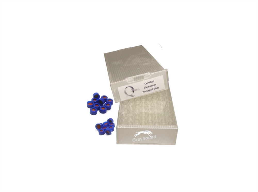 Picture of Vial Kit - P/Nos. 60-100120 + 60-101076-B  2mL Wide Neck Screw Top Vial, Short Thread, Clear Glass with Graduated Write-on Patch + 9mm  Blue Open Top Screw Cap with Blue PTFE/White Silicone Septa, Pre-Slit